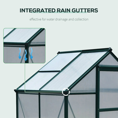 Greenhouse with integrated rain gutters and water drainage system on a light gray background