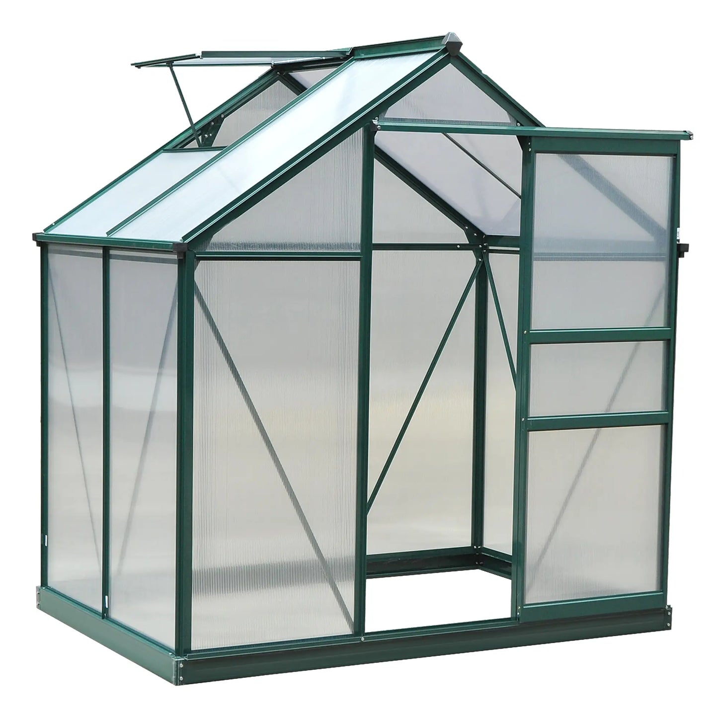 Green metal greenhouse with transparent glass panels on a white background