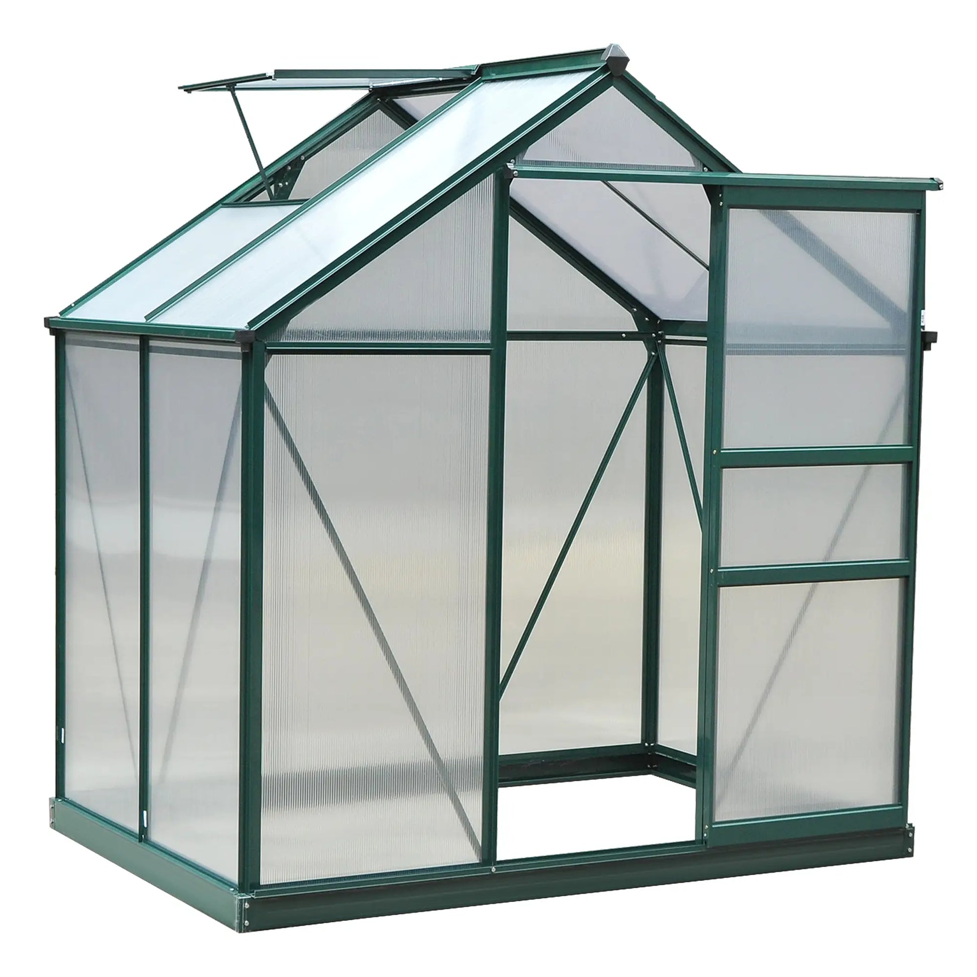 Green metal greenhouse with transparent glass panels on a white background