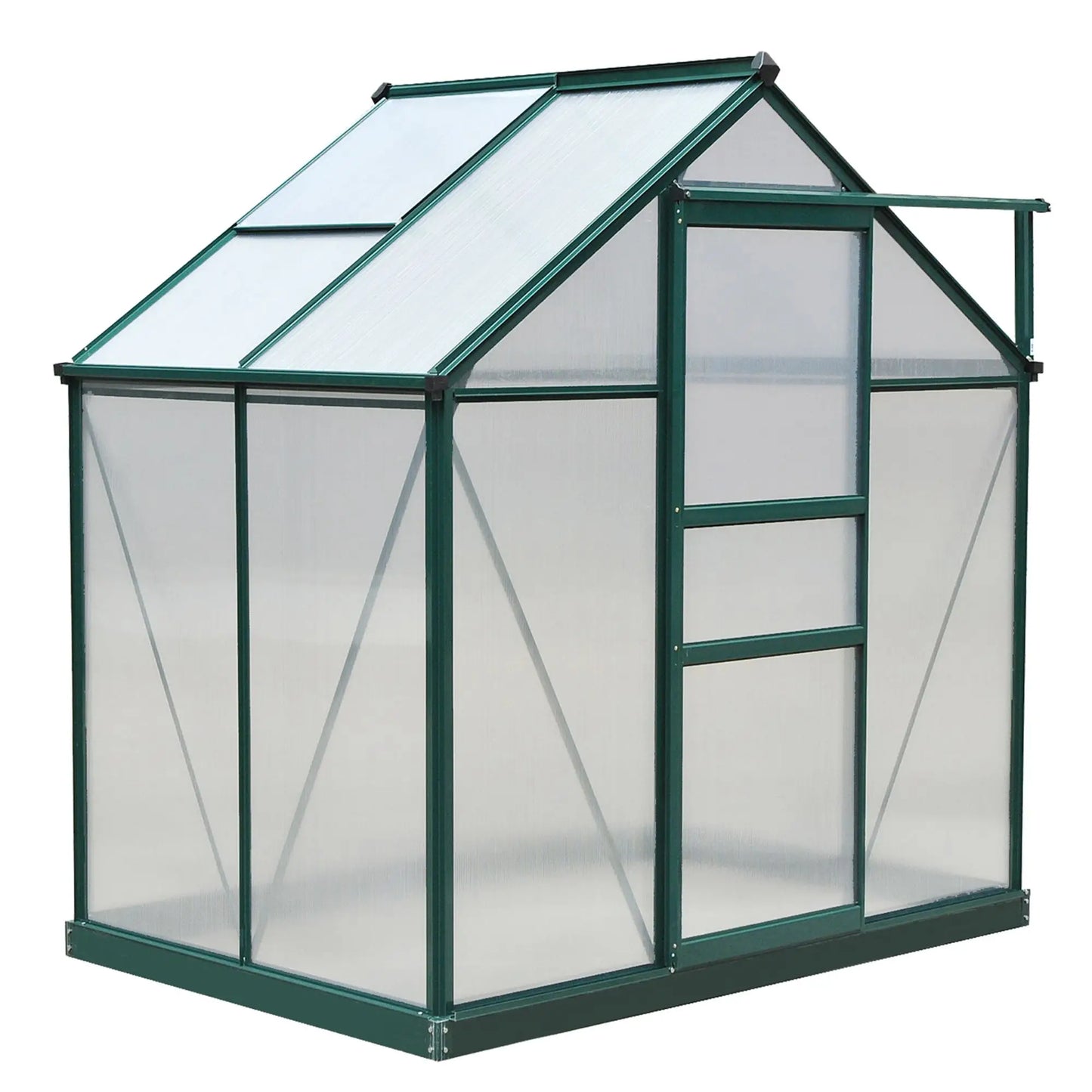 Greenhouse with transparent glass panels and green frame on a white background