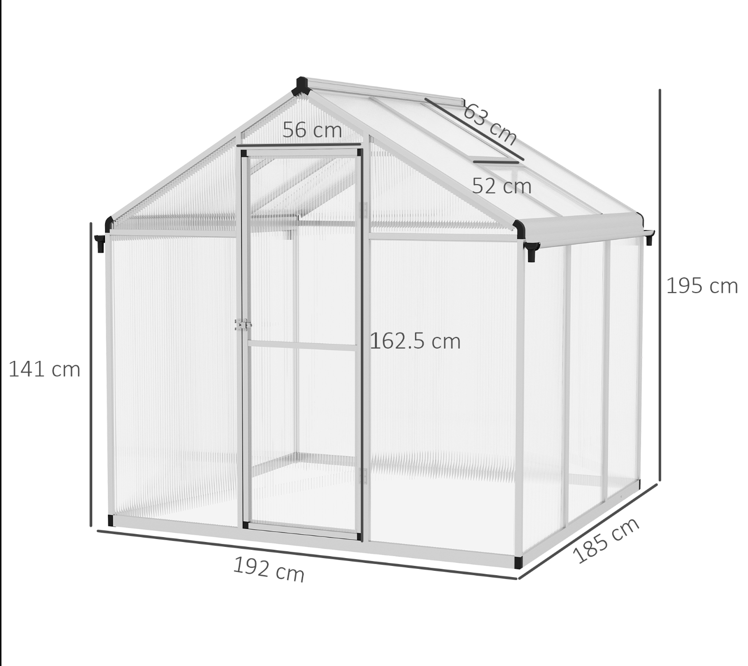 Dimensions of an Outsunny greenhouse structure with measurements in centimeters.