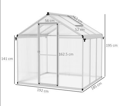 Dimensions of an Outsunny greenhouse structure with measurements in centimeters.