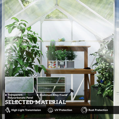 Greenhouse with plants and a wooden table, highlighting transparent polycarbonate panel and aluminum alloy frame.