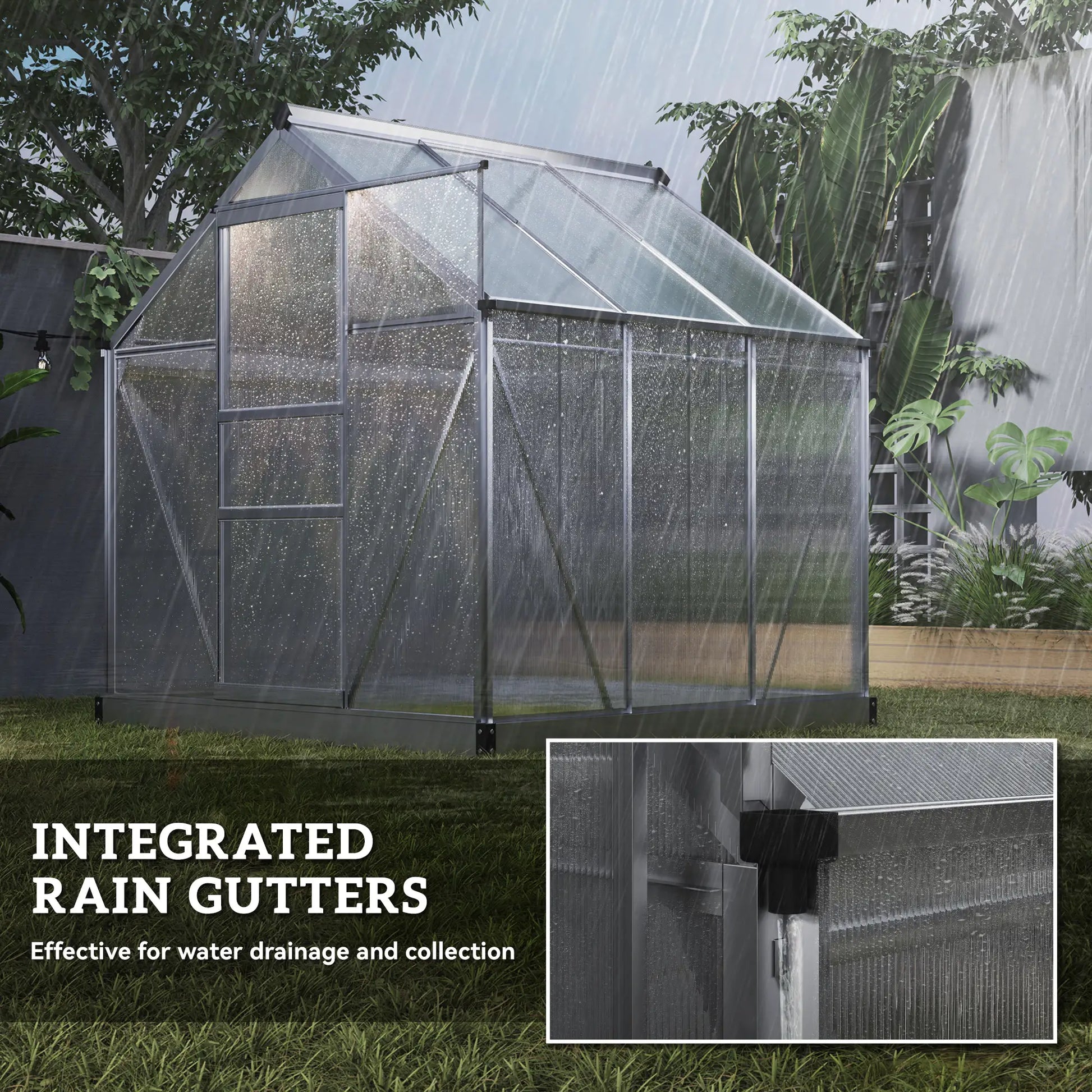Greenhouse with integrated rain gutters in a garden setting