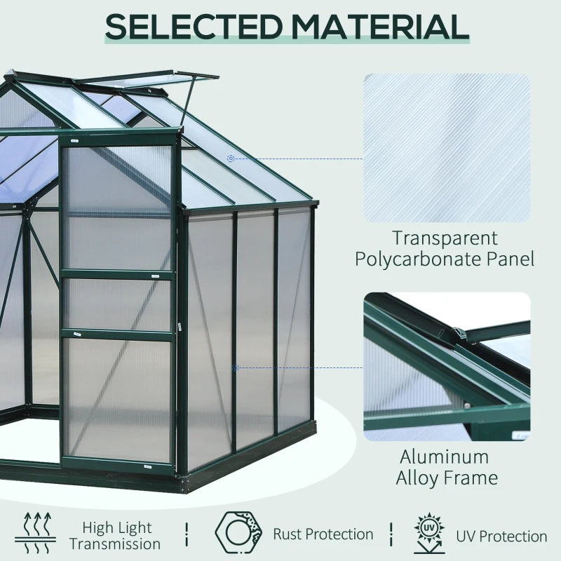 Greenhouse with transparent polycarbonate panel and aluminum alloy frame, highlighting material selection.