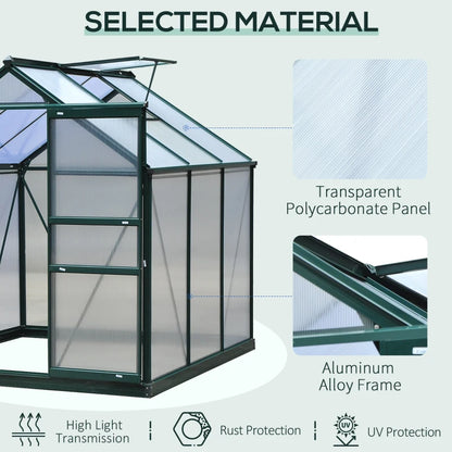 Greenhouse with transparent polycarbonate panel and aluminum alloy frame, highlighting material selection.