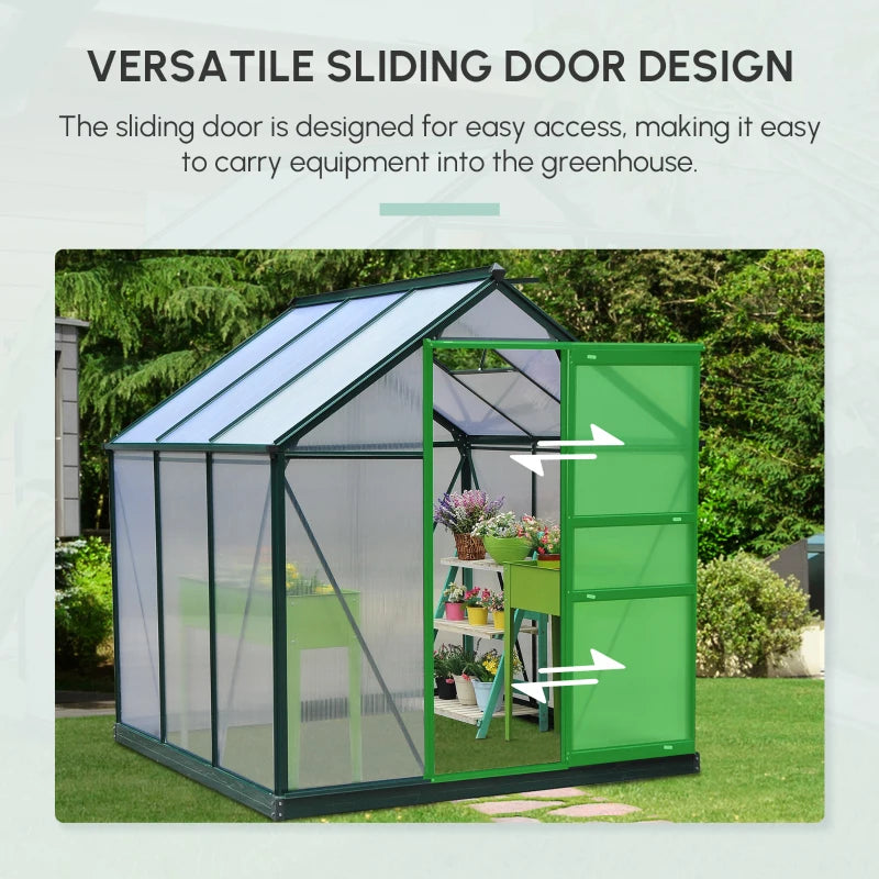 Greenhouse with a sliding door, surrounded by plants and garden furniture, on a light gray background.