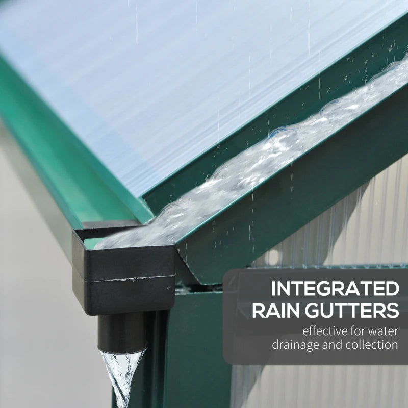 Rain gutter system on a green metal roof with water flowing, labeled 'Integrated Rain Gutters'.