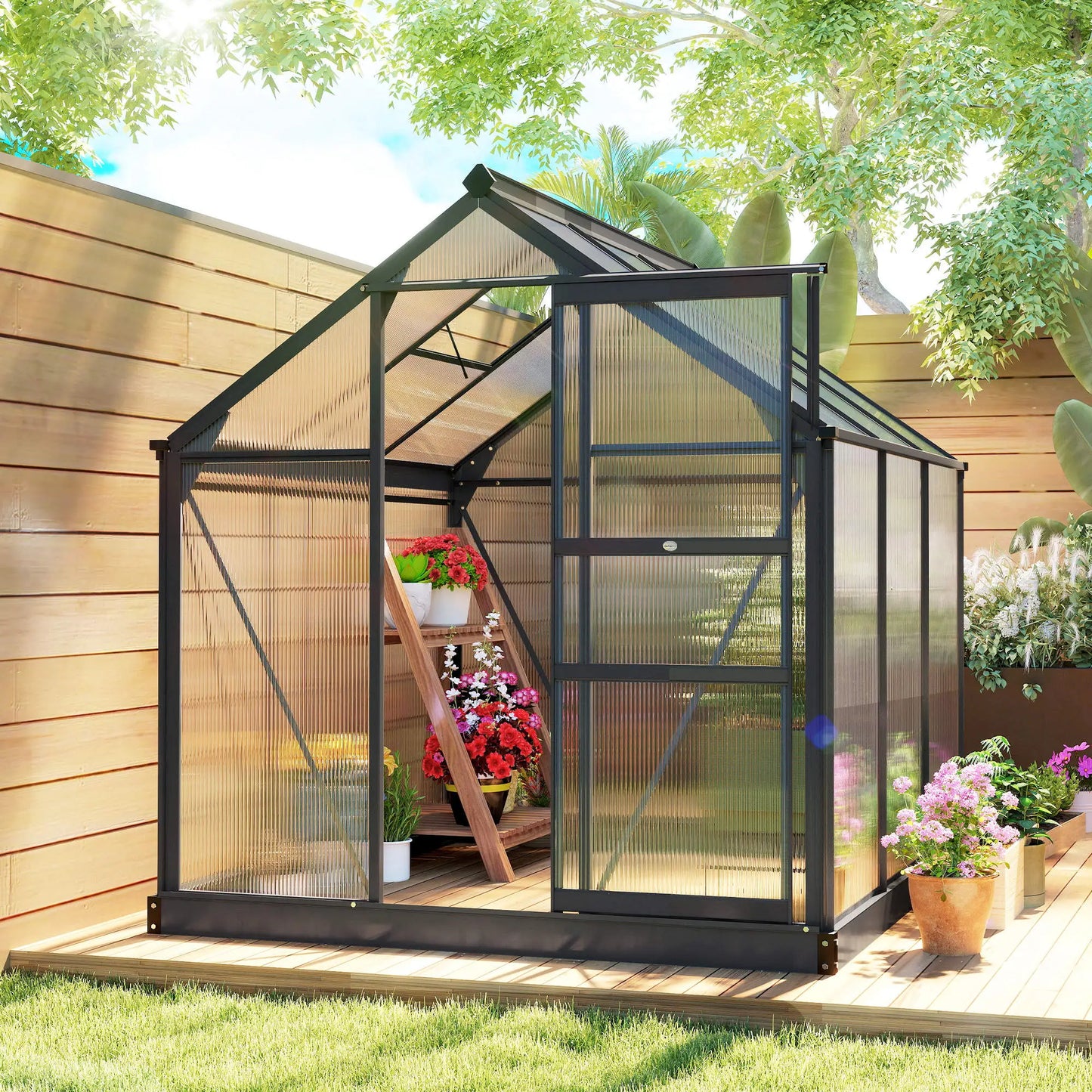 Outsunny 6 x 6ft Polycarbonate Greenhouse, Large Walk in Green House with Slide Door Grey 