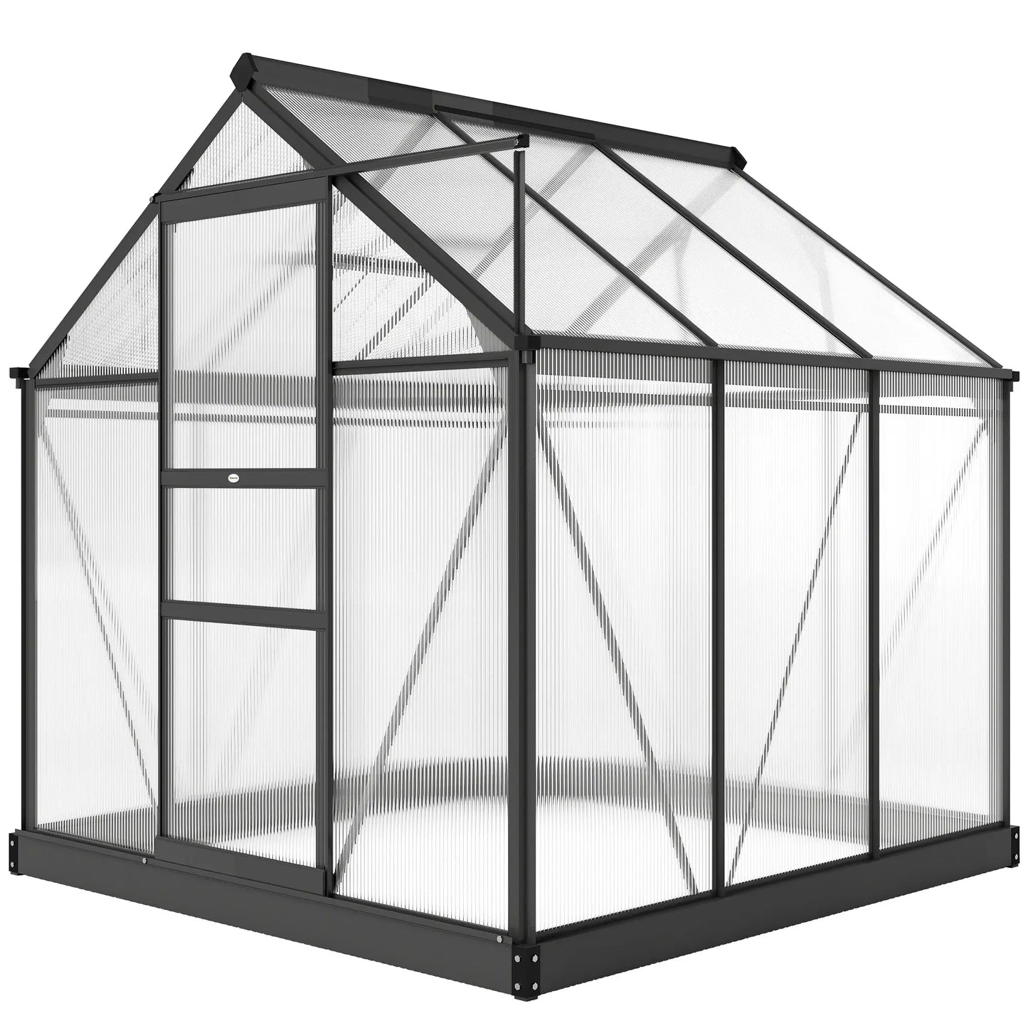 Grey-framed greenhouse with transparent glass panels on a white background
