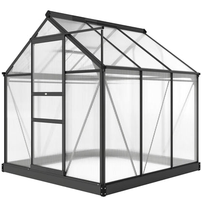 Grey-framed greenhouse with transparent glass panels on a white background
