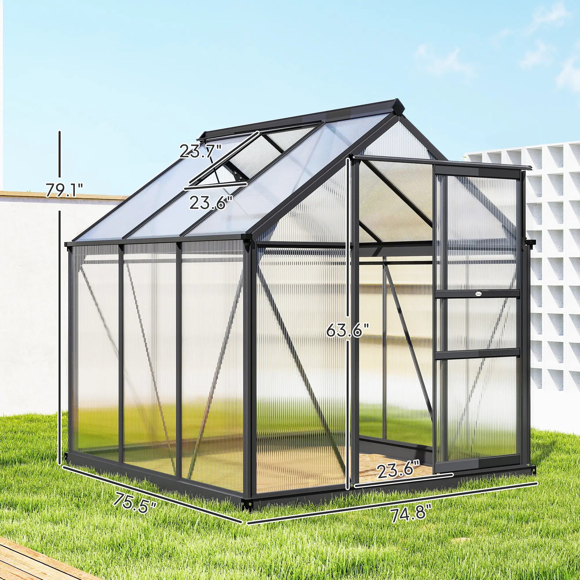 Greenhouse with dimensions labeled on a grassy area with a blue sky.