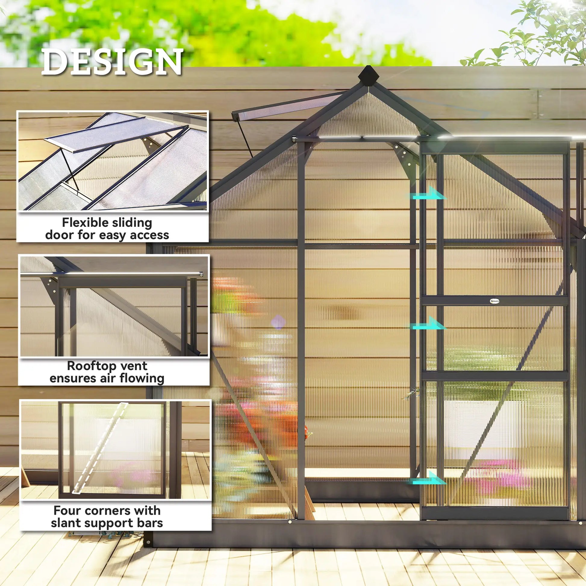 Greenhouse with features highlighted, including a sliding door, rooftop vent, and slant support bars.