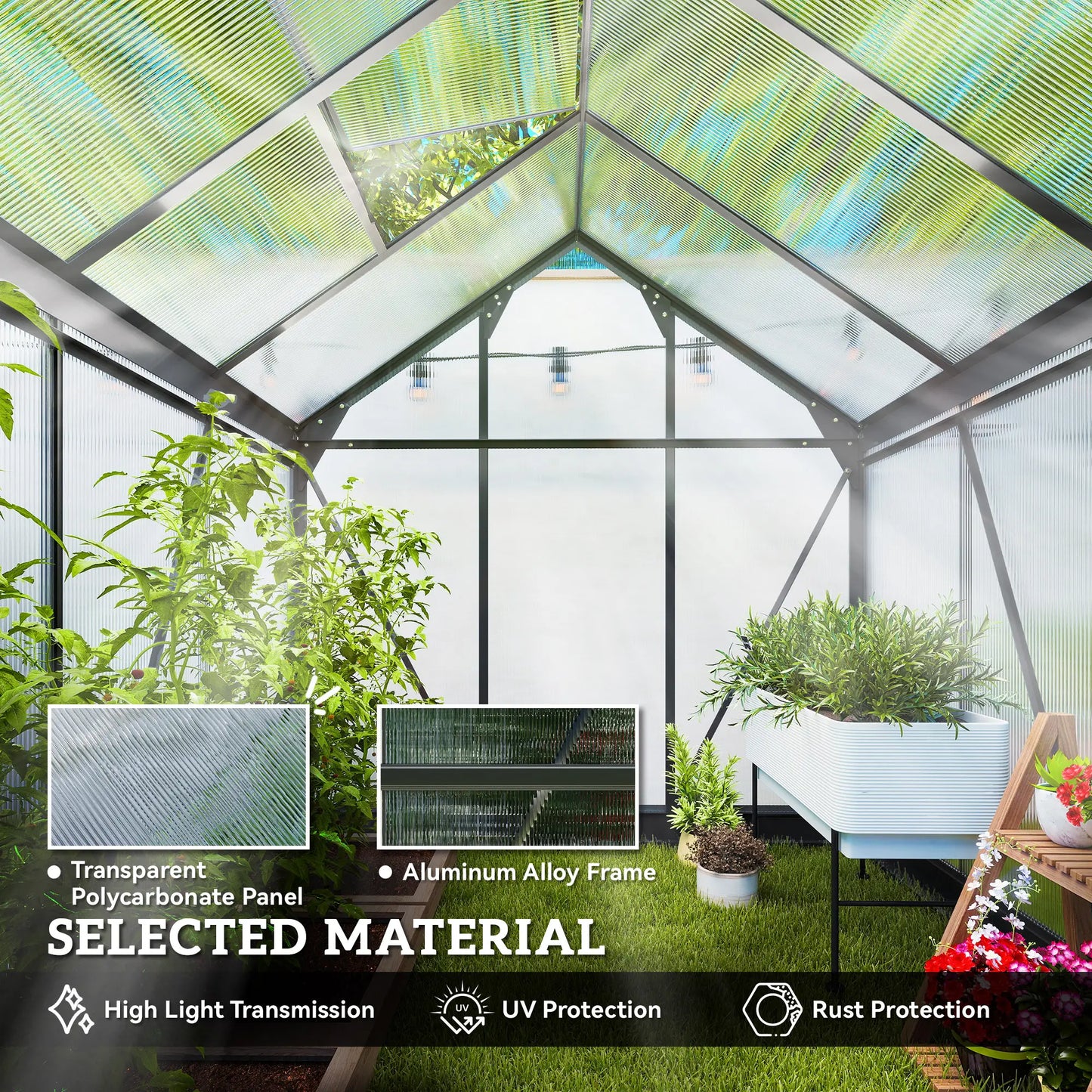 Greenhouse interior with transparent polycarbonate panels and aluminum alloy frame, featuring plants and gardening tools.