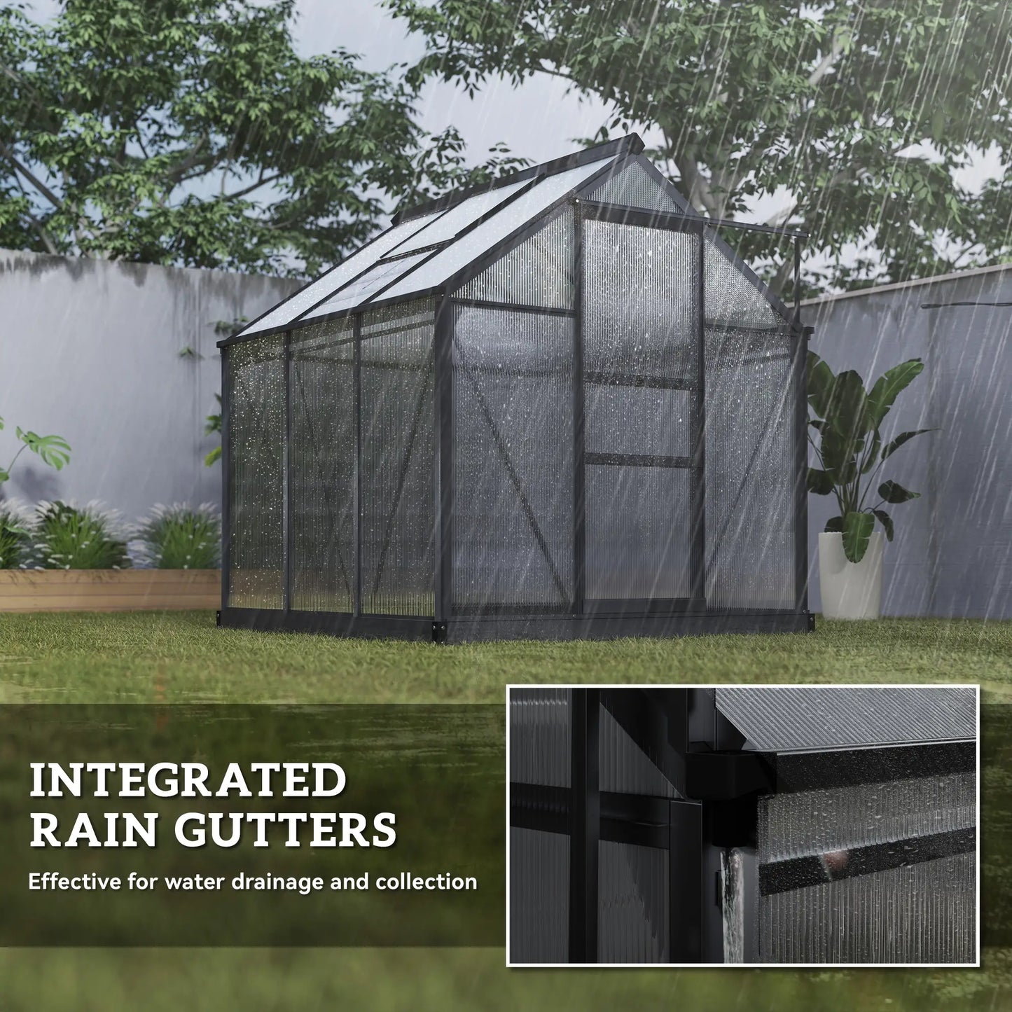 Greenhouse with integrated rain gutters in a garden setting