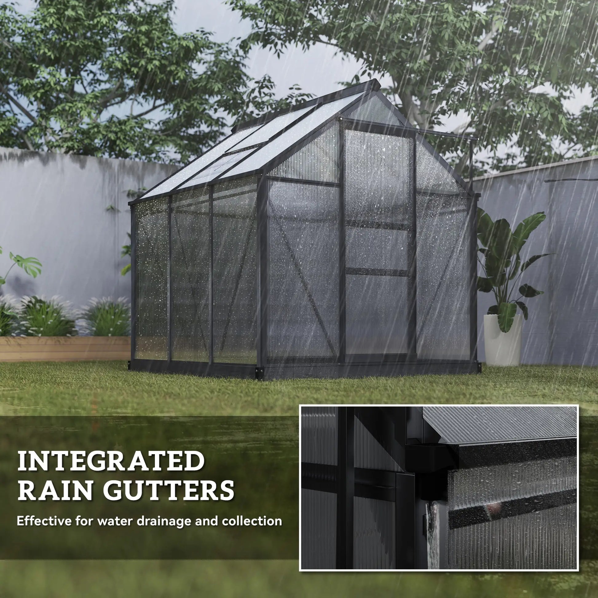 Greenhouse with integrated rain gutters in a garden setting