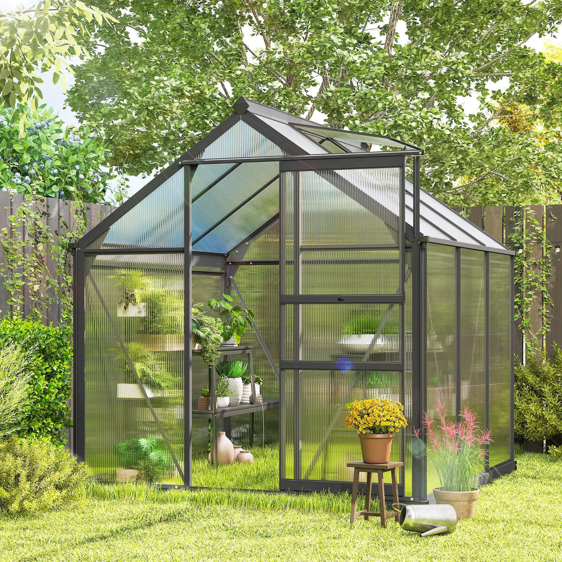 Greenhouse with plants and gardening tools in a garden setting