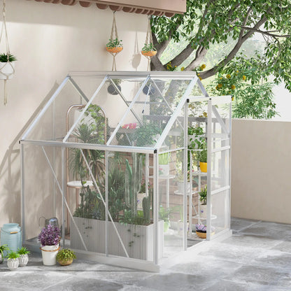 White greenhouse with plants inside, set against a neutral outdoor background