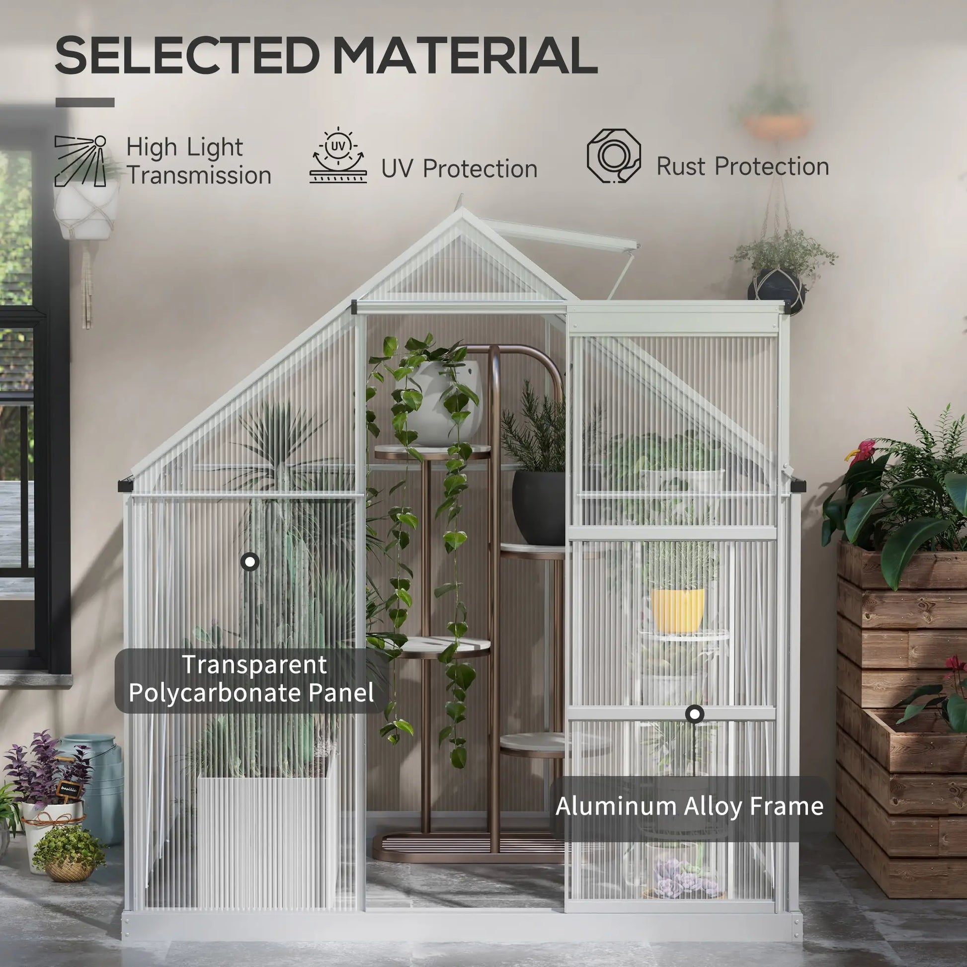 White greenhouse with transparent polycarbonate panel and aluminum alloy frame, surrounded by potted plants.