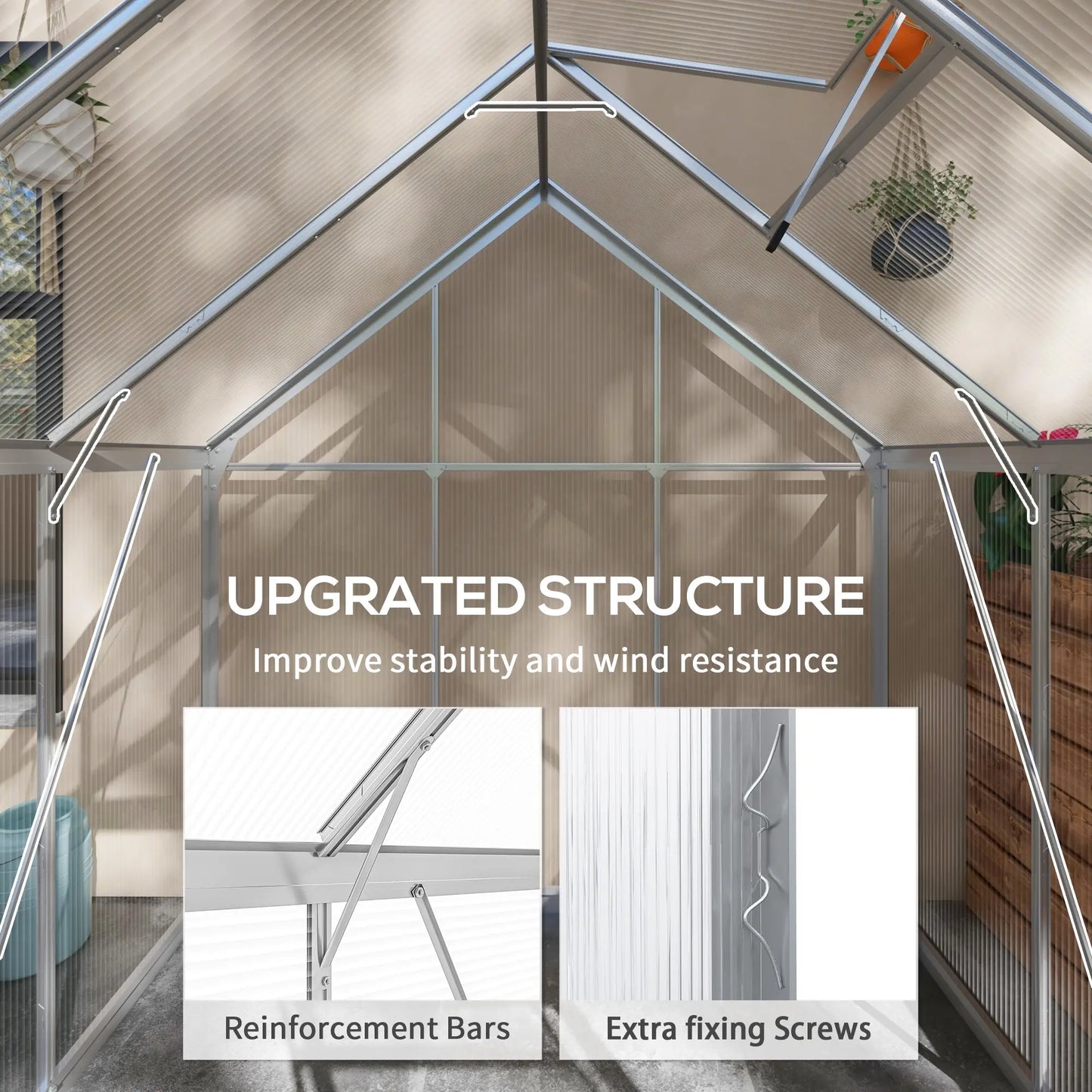 Greenhouse with text about upgraded structure, reinforcement bars, and extra fixing screws.