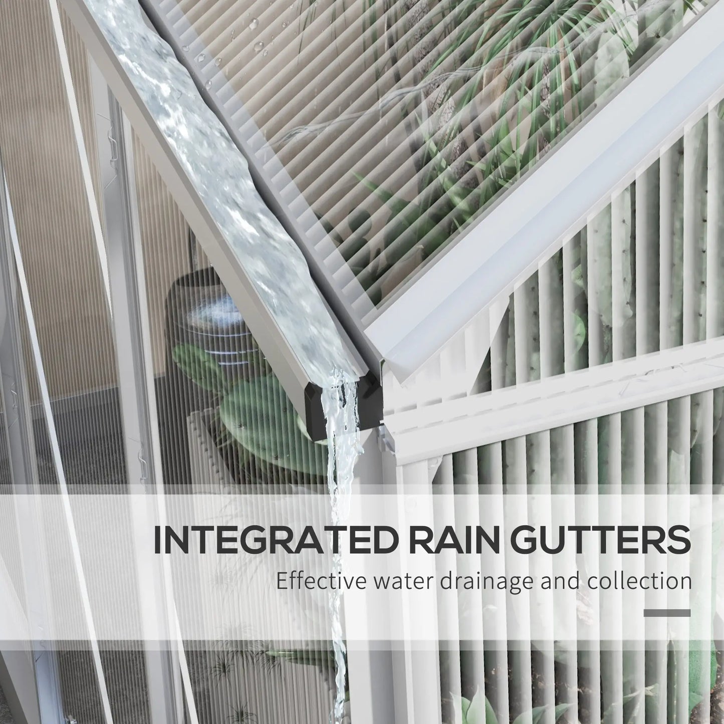 Integrated rain gutter system with water flowing over a balcony