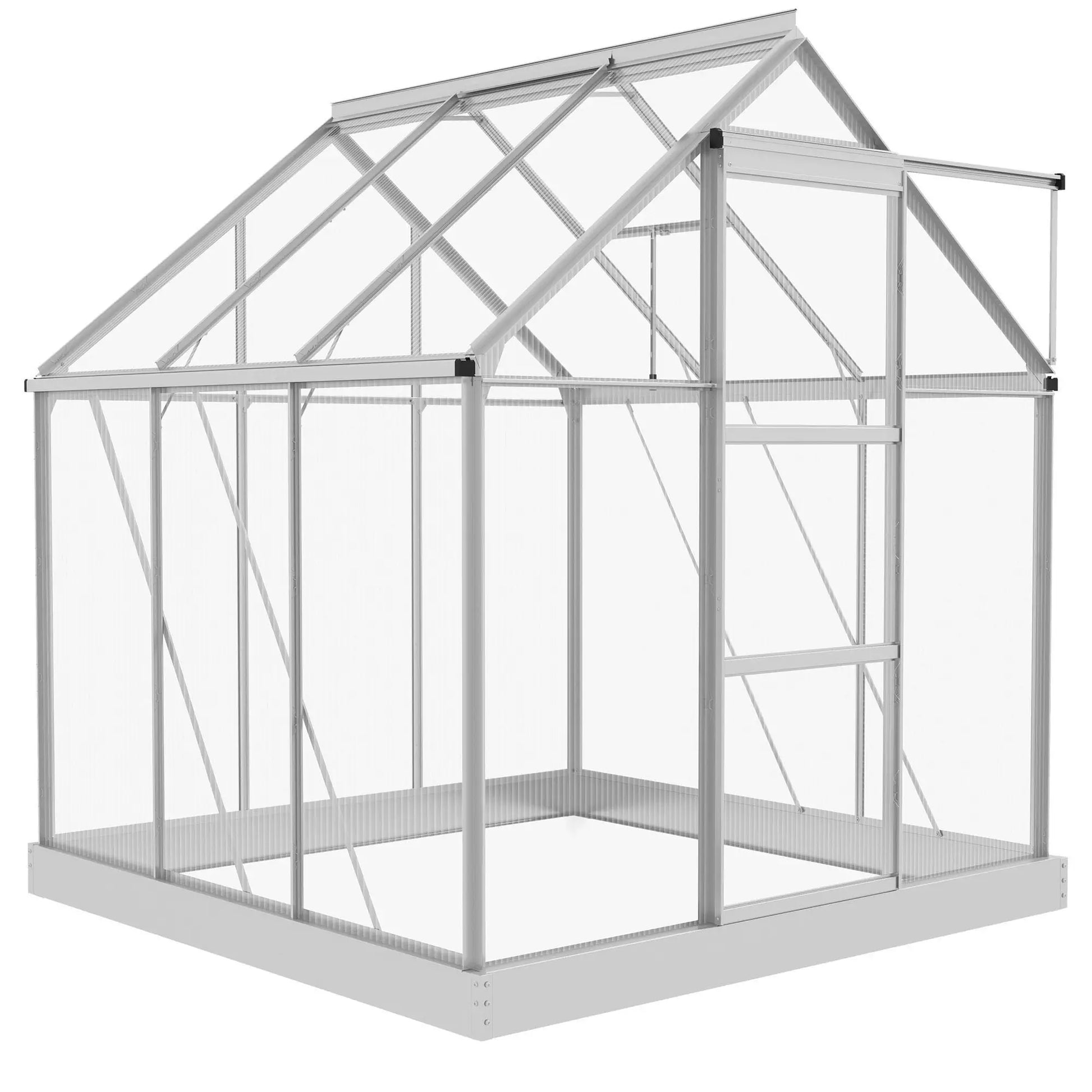 Glass greenhouse with metal frame on a white background