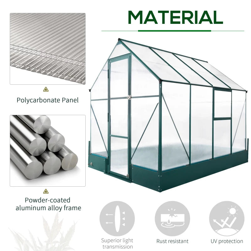 Greenhouse with material details including polycarbonate panel and powder-coated aluminum alloy frame.