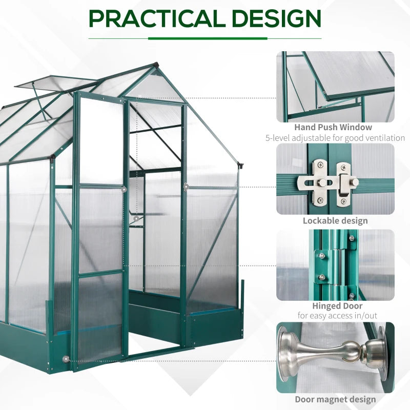 Greenhouse with practical design features highlighted on a white background