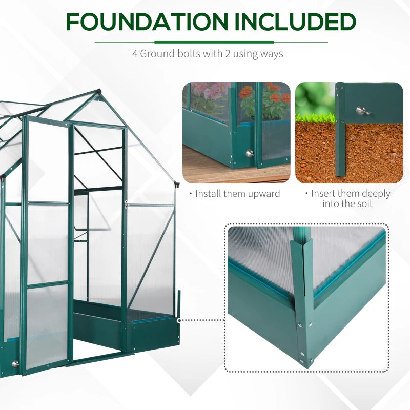 Greenhouse with foundation bolts and installation instructions on a white background