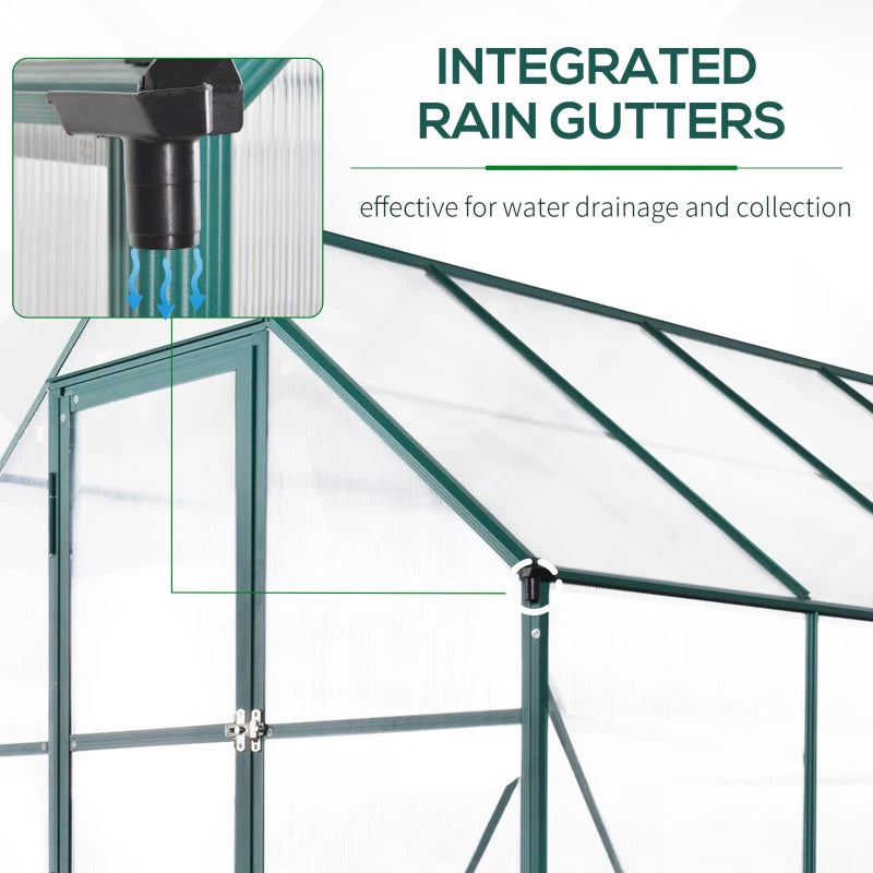 Green greenhouse with integrated rain gutters and water drainage system.