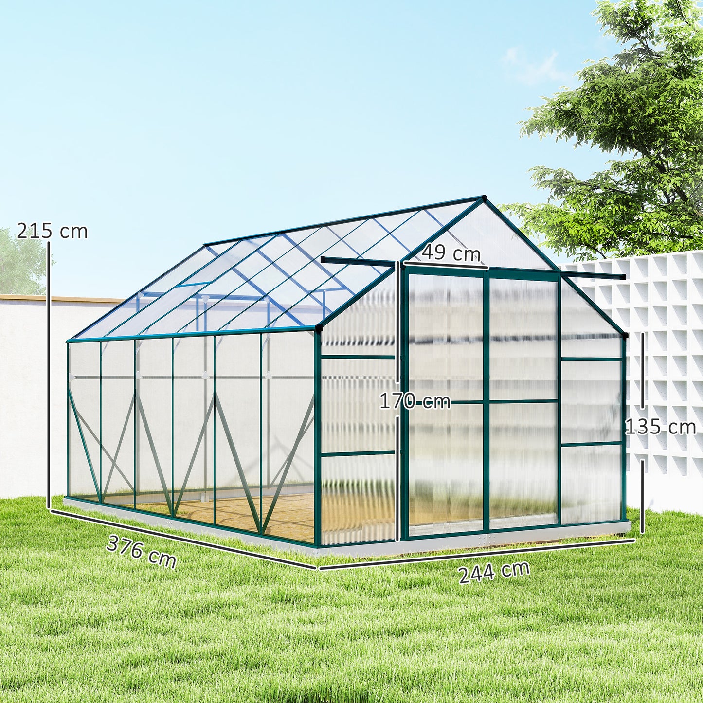 Greenhouse with dimensions marked on a grassy area with trees in the background