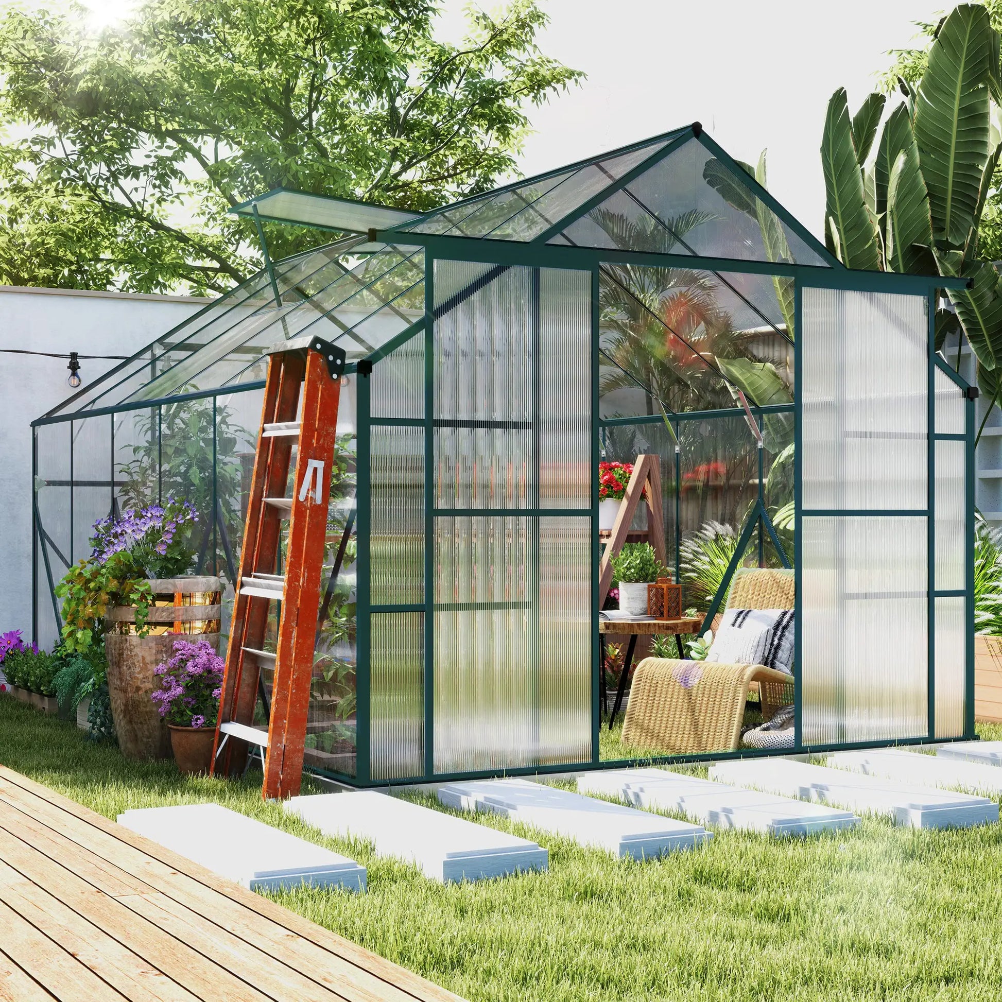 Greenhouse in a garden with plants and a ladder