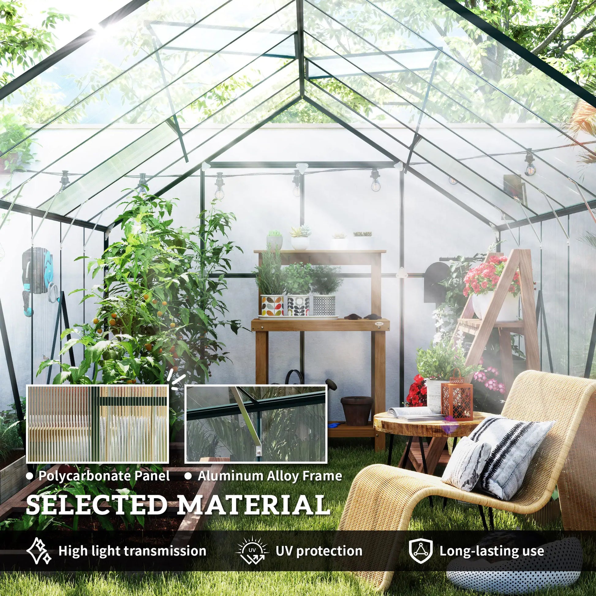 Greenhouse with polycarbonate panels and aluminum alloy frame, featuring plants and furniture.