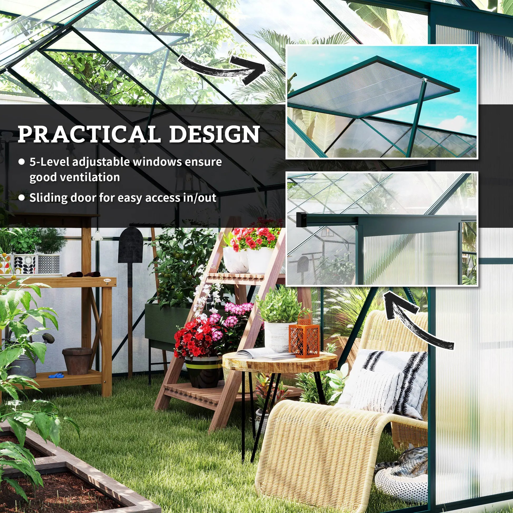 Outdoor garden area with a greenhouse and patio furniture, featuring text on practical design.