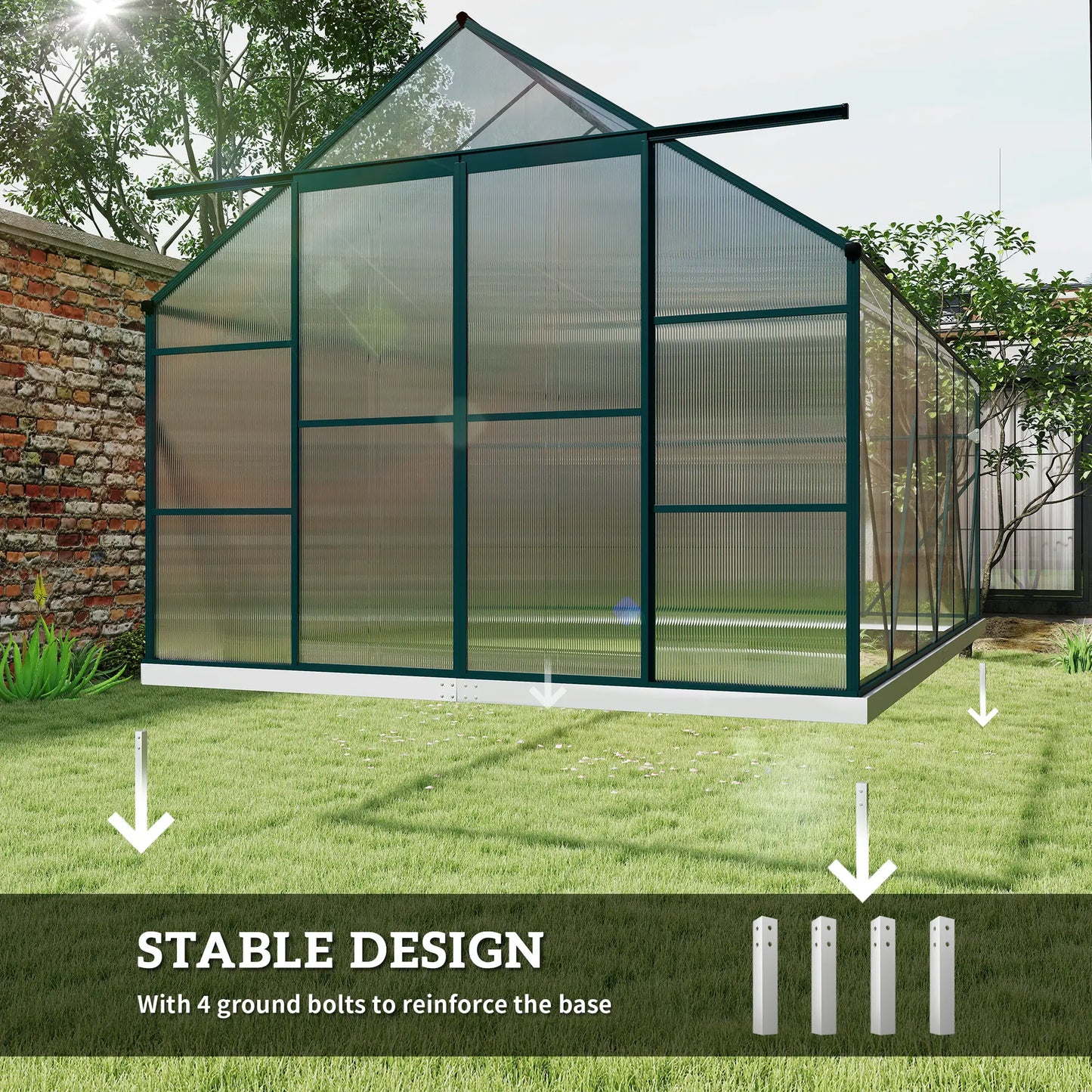Greenhouse with stable design feature highlighted on a grassy area with a brick wall in the background.