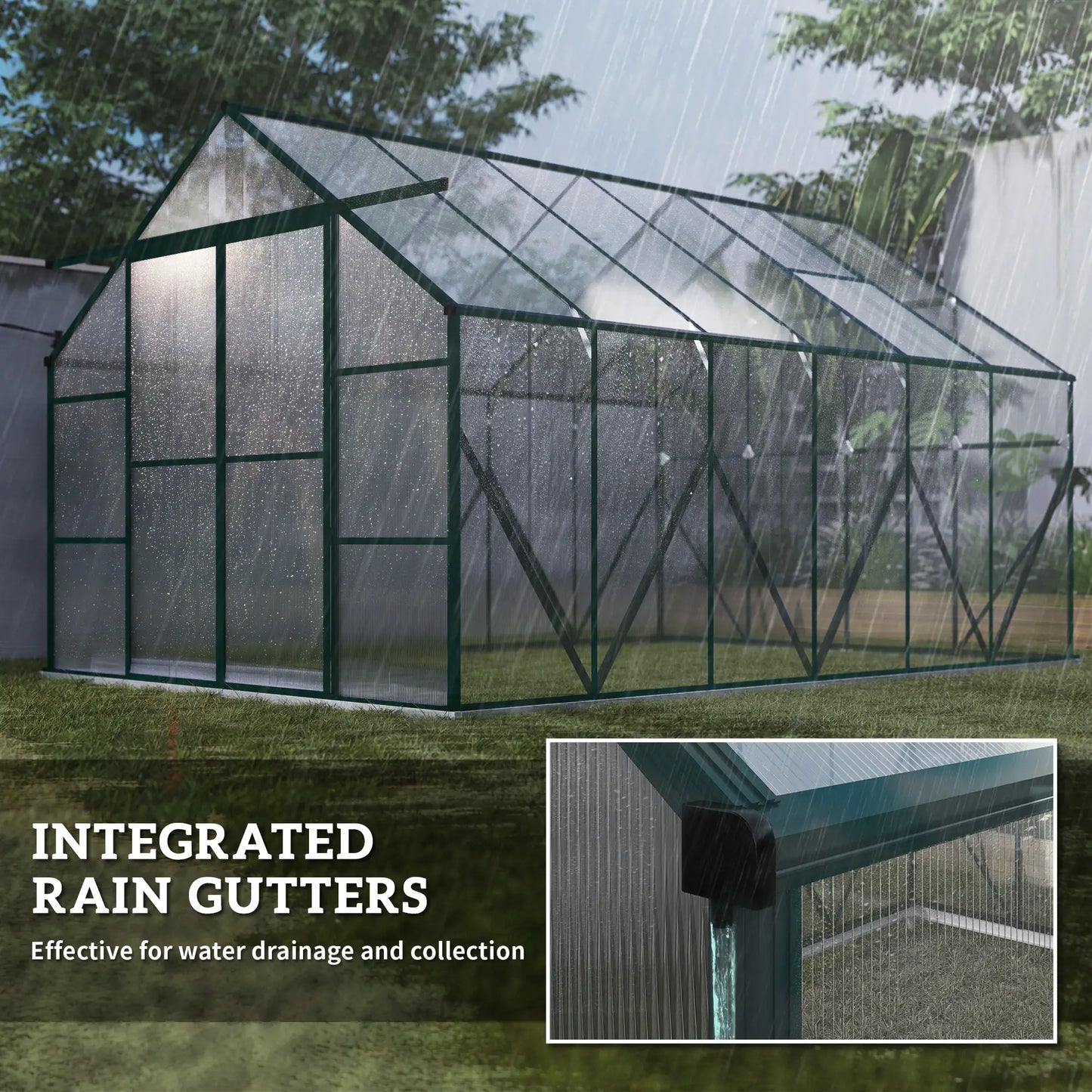 Greenhouse with integrated rain gutters in a garden setting