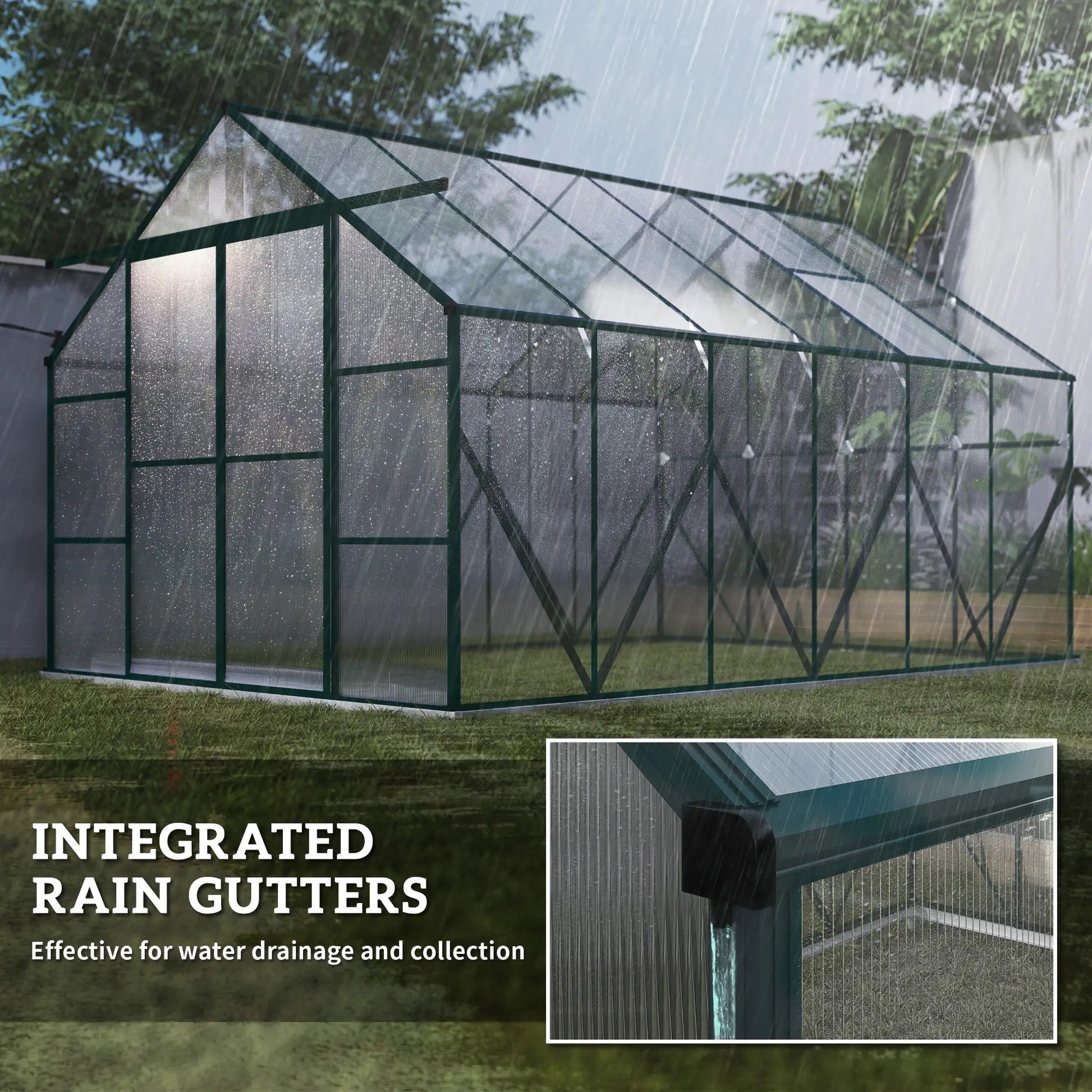 Greenhouse with integrated rain gutters in a garden setting