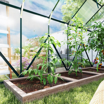 Greenhouse with raised garden beds containing plants and a view of a garden outside.