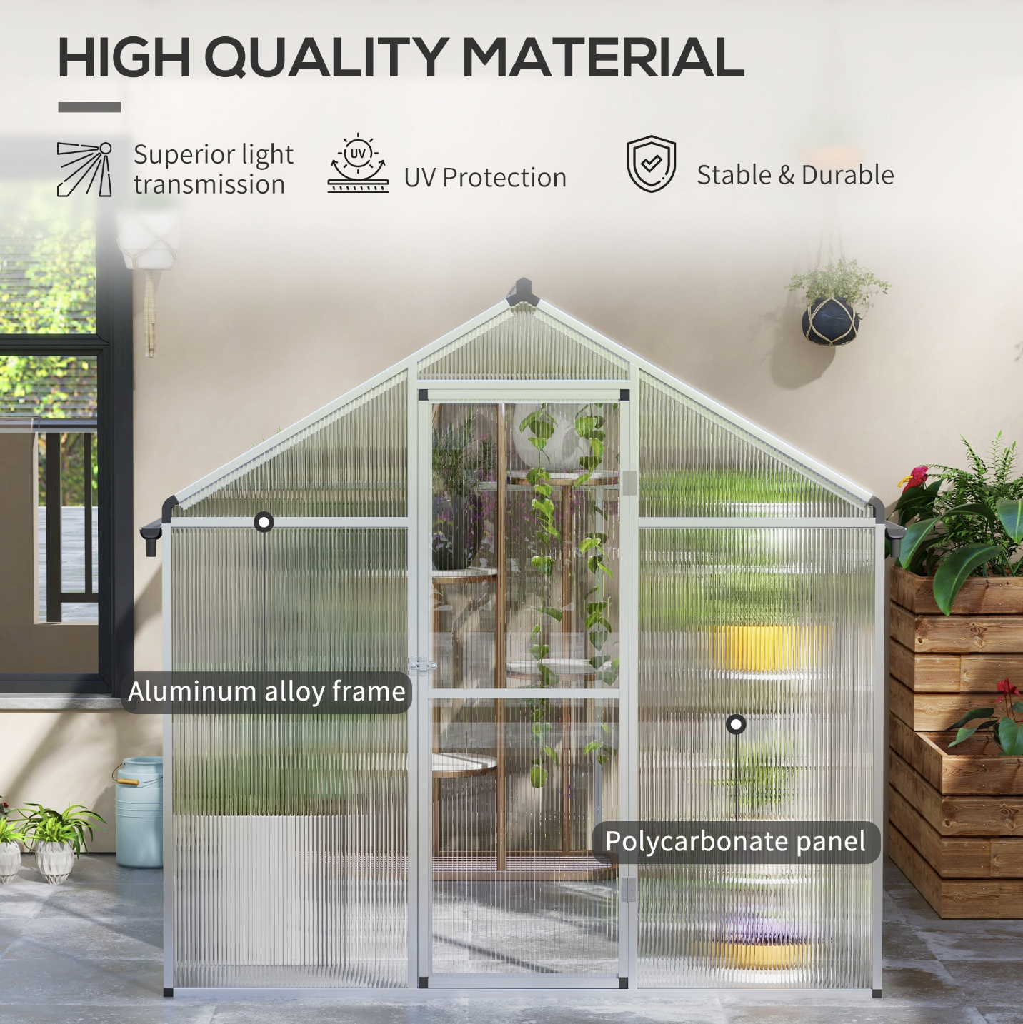 Outsunny Greenhouse with polycarbonate panels and aluminium alloy frame, surrounded by plants.