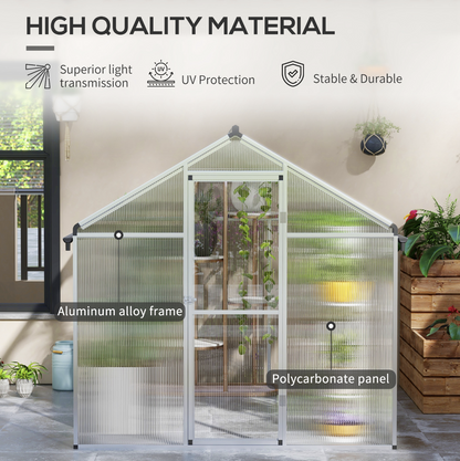 Outsunny Greenhouse with polycarbonate panels and aluminium alloy frame, surrounded by plants.