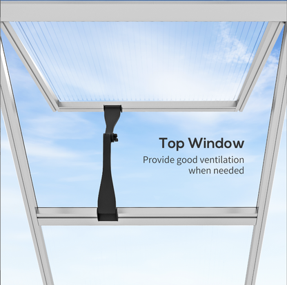 Top window of a greenhouse with text indicating it provides good ventilation.