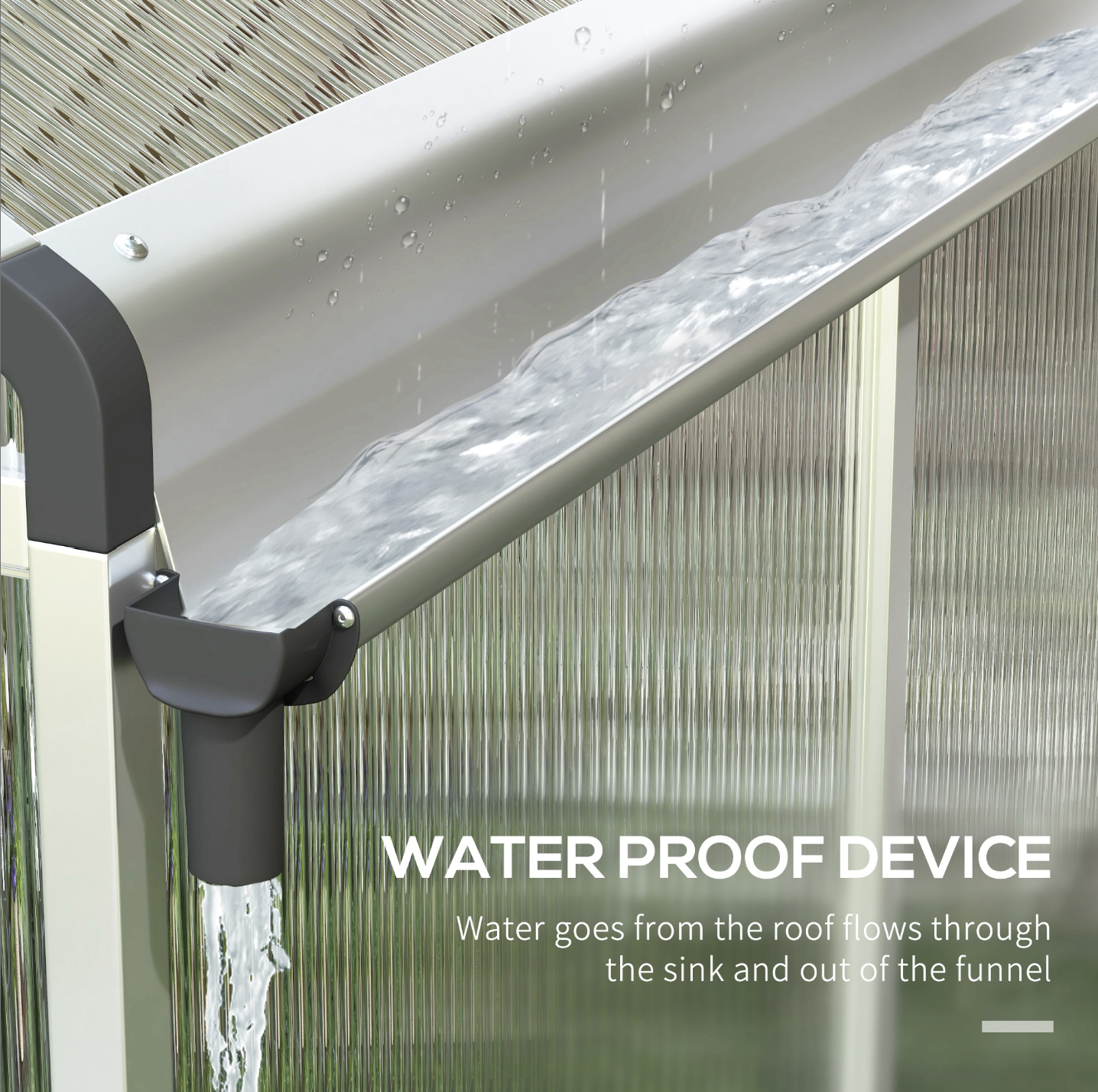 Waterproof device on the greenhouse roof with water flowing through it, text indicating function.