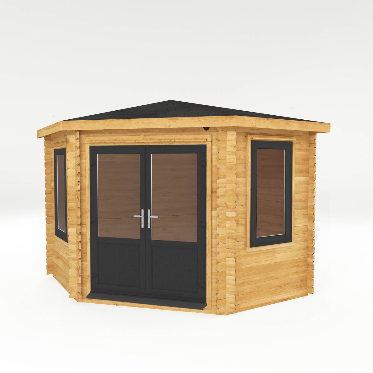 Grey 3x3m Mercia Garden Products corner log cabin with 44mm thick walls and UPVC roof, ideal for garden storage or relaxing.