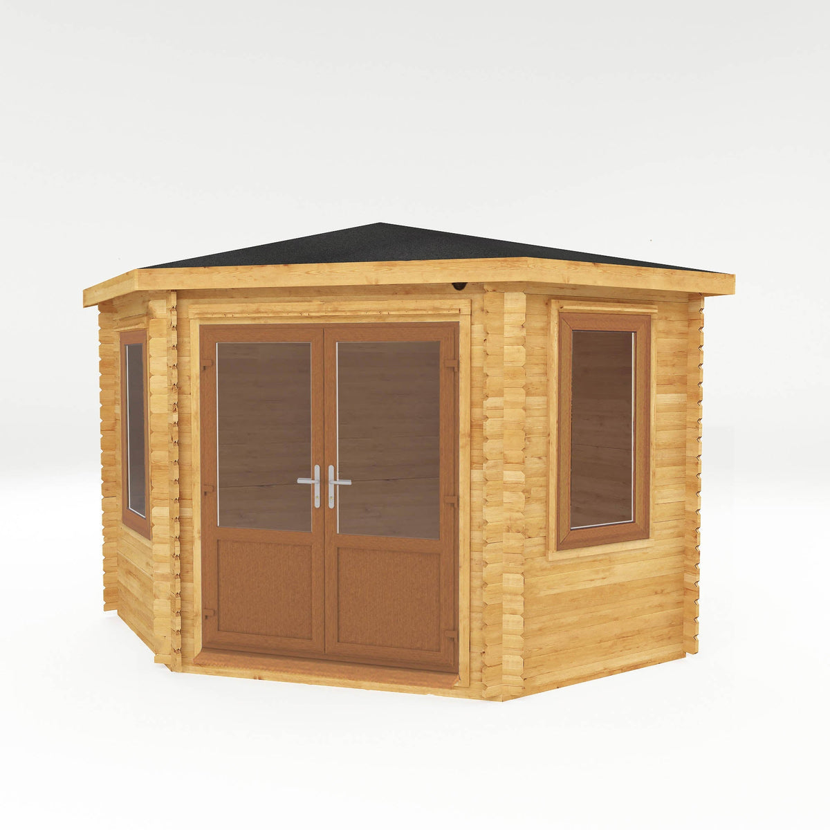 3x3 meter Mercia Garden Products corner log cabin with 44mm oak-effect UPVC logs, suitable for garden storage or relaxation.