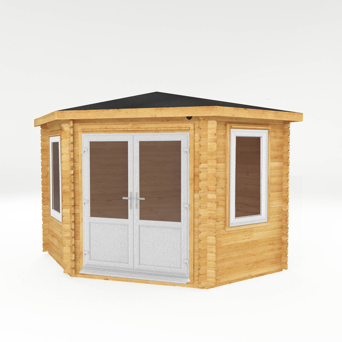 White 3x3m Mercia Garden Products corner log cabin with 44mm thick walls and UPVC windows, ideal for garden storage or relaxing.
