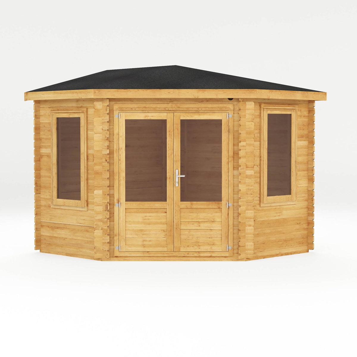 Natural timber corner log cabin by Mercia Garden Products, 3m x 3m, featuring a classic log cabin design for outdoor use.