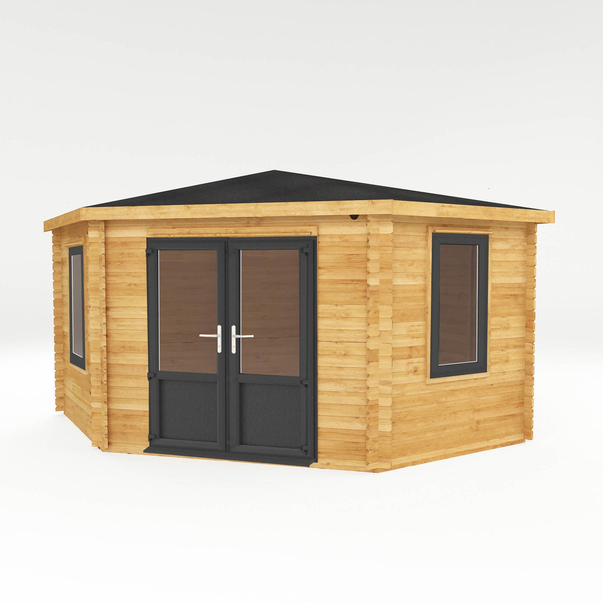Gray 4x4m Mercia Garden Products corner log cabin with 44mm thick UPVC walls and a classic log cabin design.