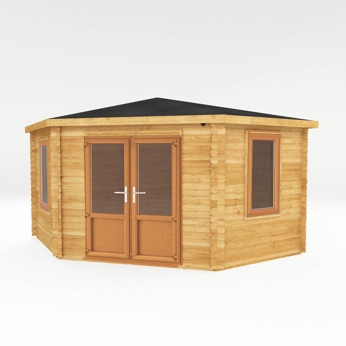 4x4m Mercia Garden Products corner log cabin with 44mm oak-effect UPVC walls and traditional wood-style design.