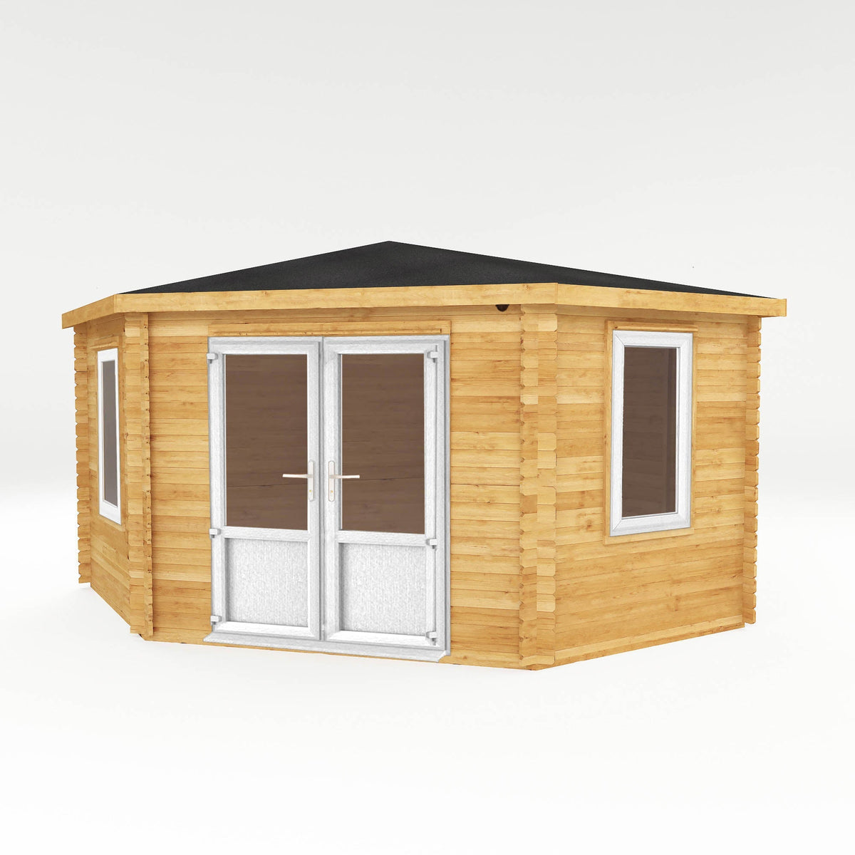 White 4x4m Mercia Garden Products corner log cabin with 44mm thick walls and UPVC windows, suitable for garden use.