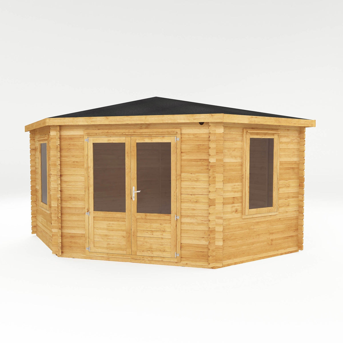Natural timber corner log cabin by Mercia Garden Products, 4x4 meters, showcasing a sturdy, weather-resistant outdoor structure.